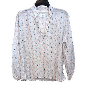 Lou & Grey Lightweight White Peasant Top with Teal & Peach Accents Size XS